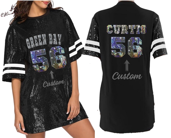 Green Bay Sequin Tunic Bling Dress long Shirt for Women and Girls Custom Text Glamorous glitter Jersey Collegiate Personalized Shimmering