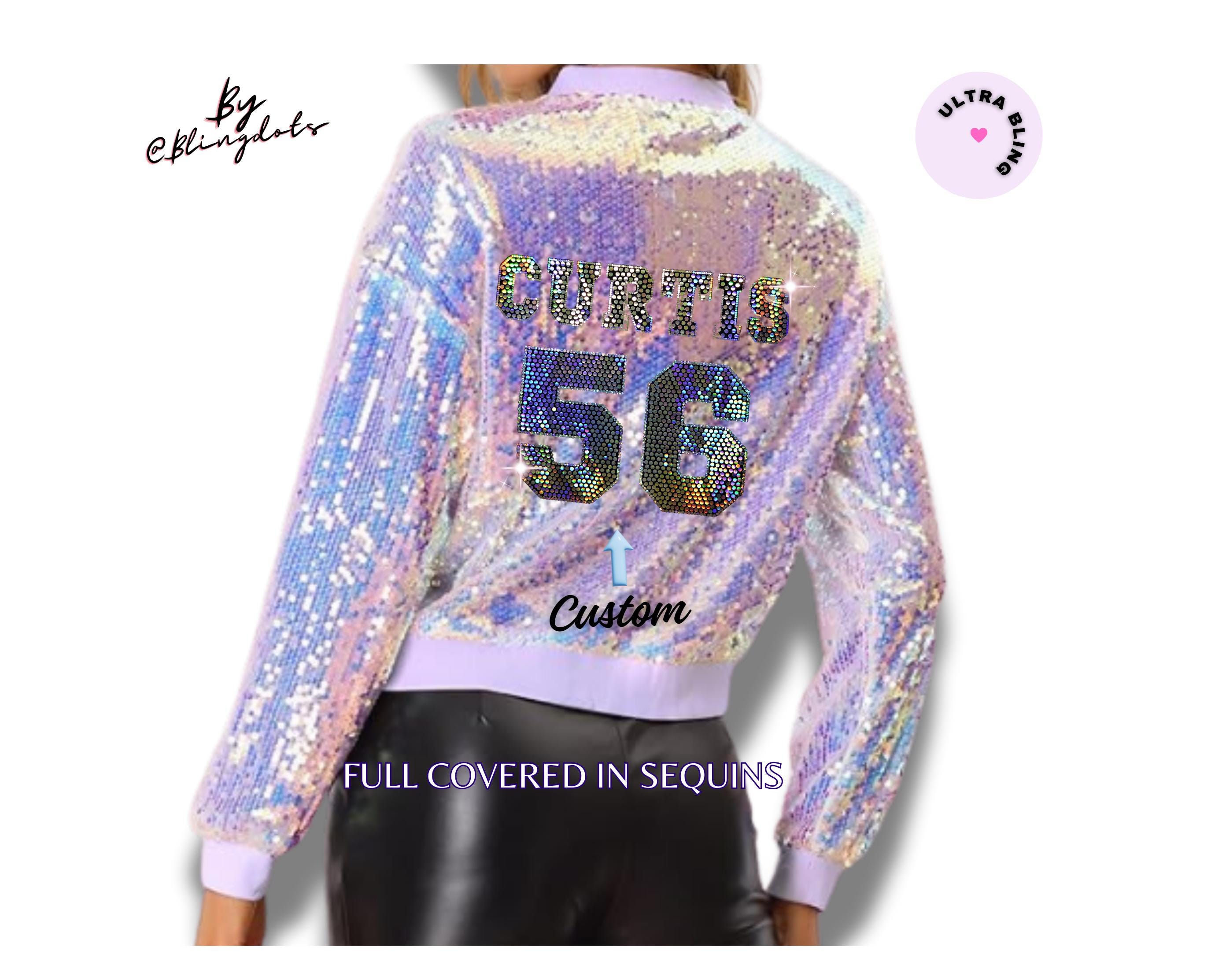 Sequin Glitter Long Sleeve Zipper Bomber Jacket, Custom Text