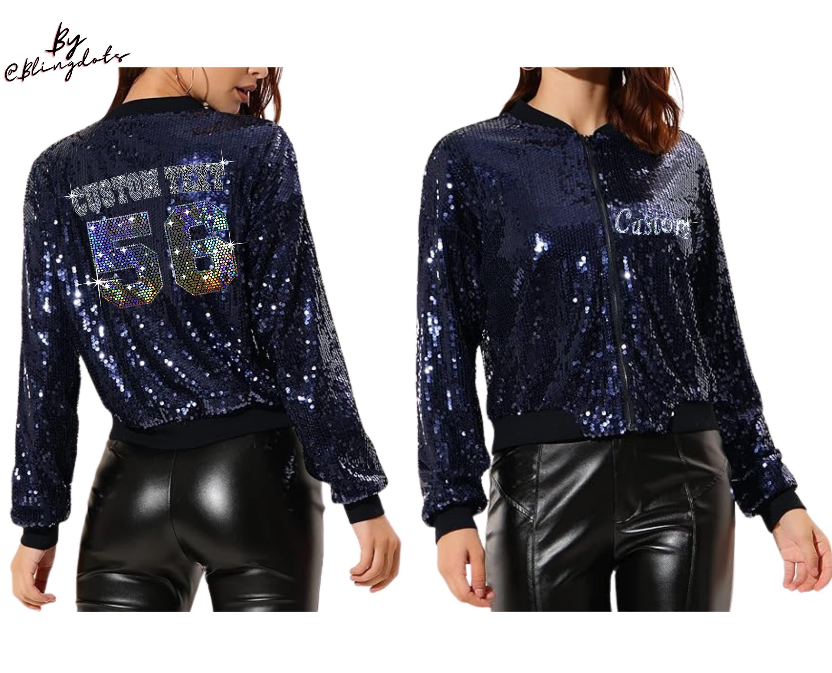 Women's Sequin Glitter Long Sleeve Zipper Bomber Jacket, Custom