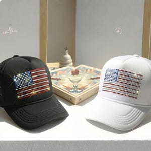 Patriotic USA Bling Hat, 4th of July Sequin Trucker Cap, Independence Day Sparkly Mesh Hat, Red White Blue Glitter Cap No Rhinestones