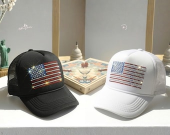 Patriotyczna czapka USA z cekinami, czapka trucker z okazji 4 lipca, czapka z siateczki z okazji Dnia Niepodległości, czapka z brokatem w kolorze czerwono-biało-niebieskim, bez kryształków