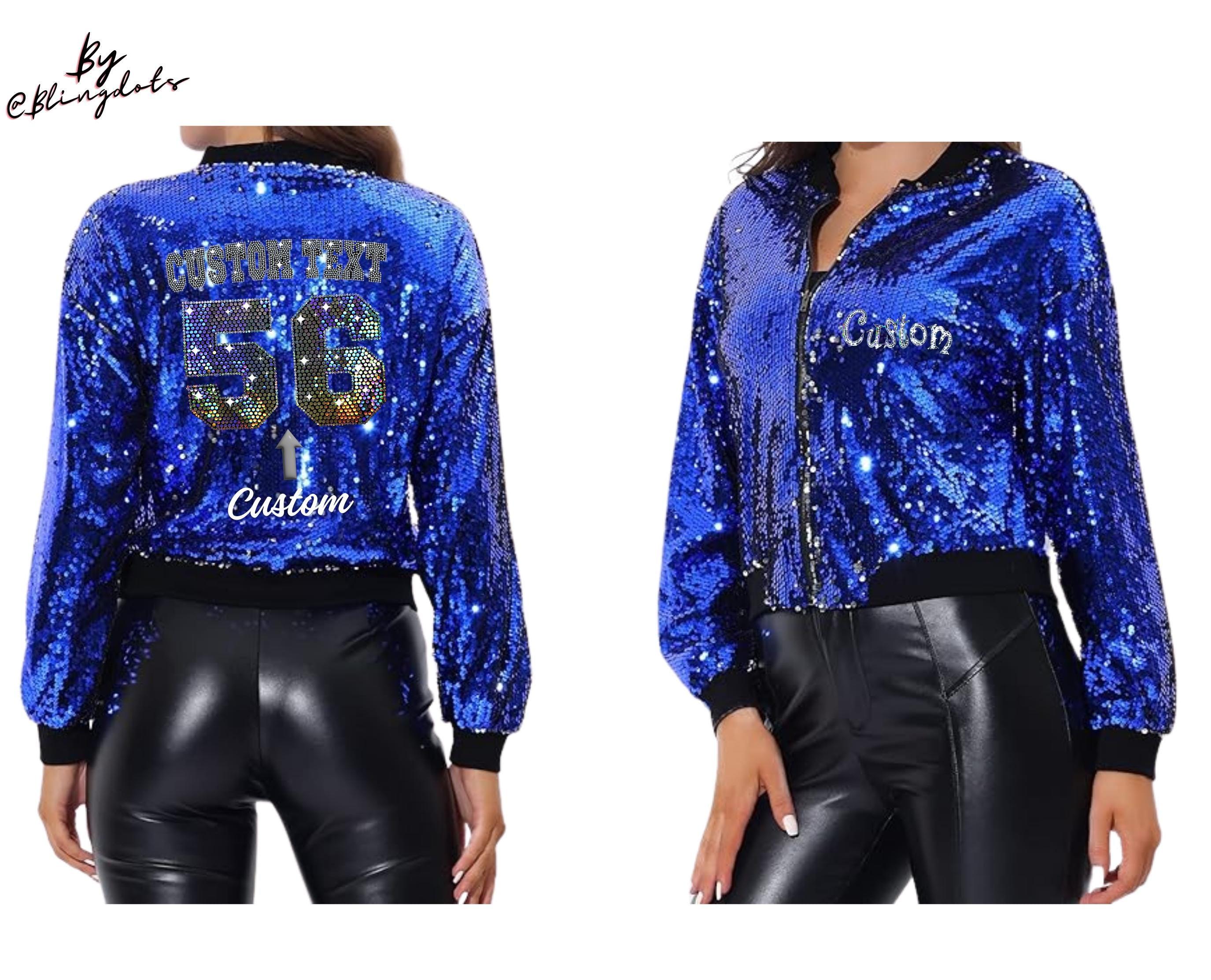 Custom Sequin Glitter Long Sleeve Zipper Bomber Jacket  Glitter Coat with Personalized logo, Number or Text Bling Fashion, Shiny, Sparkly