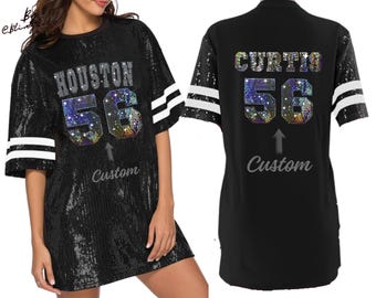 Houston Sequin Tunic Bling Dress long Shirt for Women and Girls Custom Text Glamorous glitter Jersey Collegiate  Personalized Shimmering