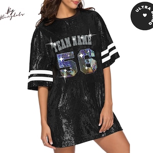 Custom bling Dress team Sexy Casual Sparkly Sequin long T-Shirt tunic game Outfit, personalized text bedazzled glitter logo concert Jersey