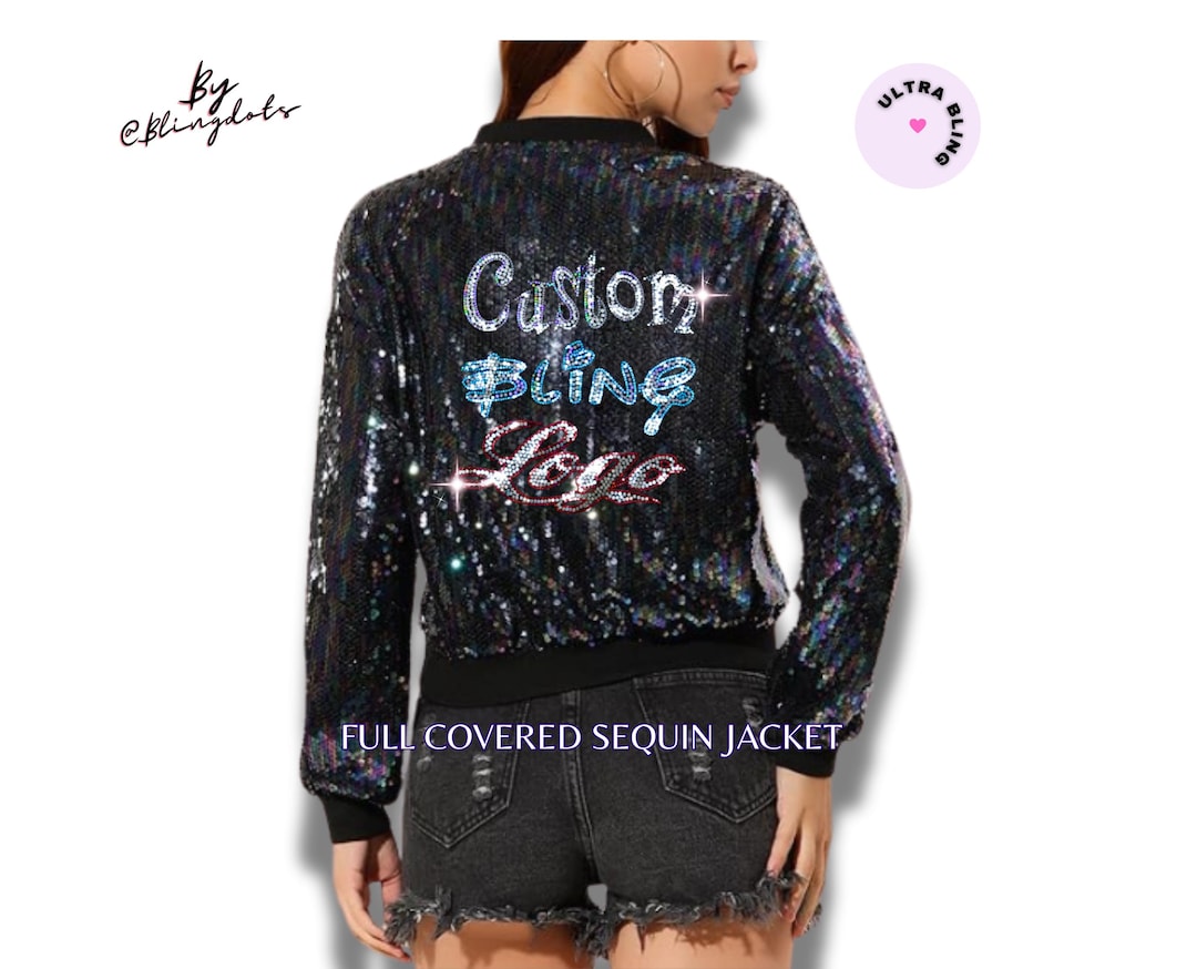 Women's Sequin Glitter Long Sleeve Zipper Bomber Jacket, Custom