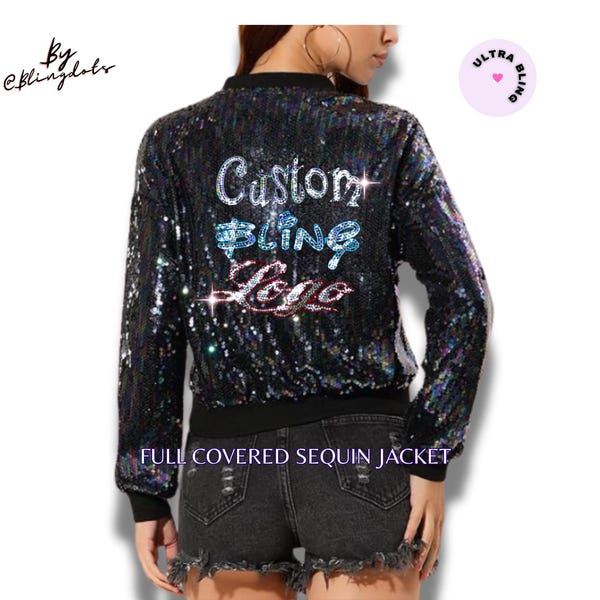 Women's Sequin Glitter Long Sleeve Zipper Bomber Jacket, custom text, personalized name number,  Custom Bling  Fashion Shiny Glitter Sparkly