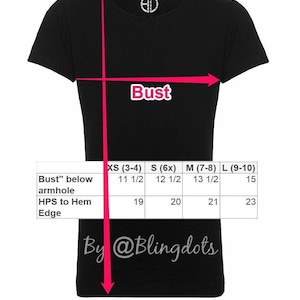 May include: A black t-shirt with a size chart showing measurements in inches for bust below armhole and high point shoulder to hem edge. The chart includes sizes XS, S, M, and L.