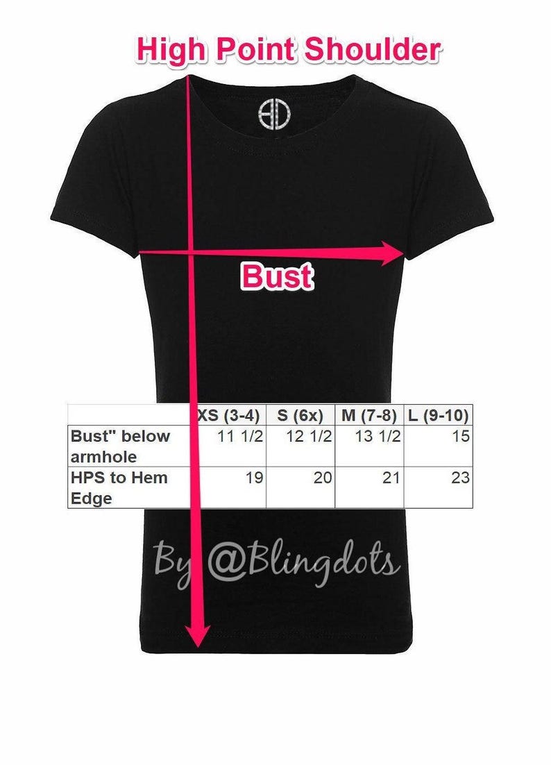 May include: A black t-shirt with a size chart showing measurements in inches for bust below armhole and high point shoulder to hem edge. The chart includes sizes XS, S, M, and L.