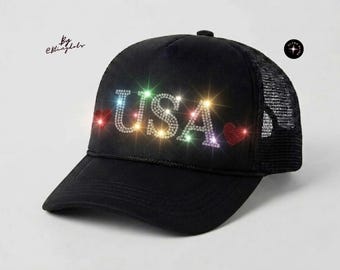USA Sequin Trucker Hat Sparkly Glitter Patriotic Cap American Flag Mesh Hat 4th of July Party Headwear Glam Celebration Cap