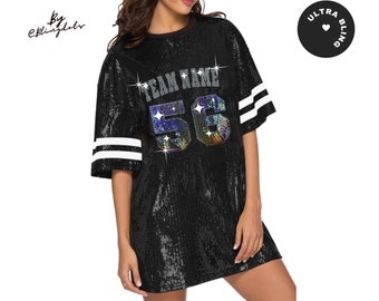 Custom team bling Dress Sexy Casual Sparkly Sequin long T-Shirt tunic game Outfit, personalized text bedazzled  glitter logo Jersey