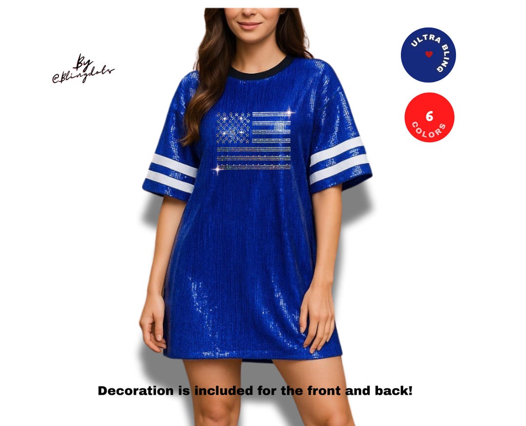 white stuff glitter stripe jersey dress Custom Tunic Bling Dress With USA Flag Sequins – Personalized Text,  Glamorous Glitter, Patriotic Jersey Shirt, 4th of July Shimmering Jersey