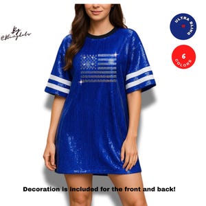 Custom Tunic Bling Dress with USA Flag Sequins – personalized Text, Glamorous Glitter, Patriotic Jersey Shirt, 4th of July Shimmering Jersey