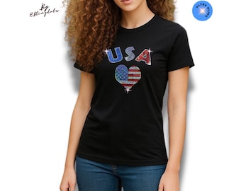 I Love USA Bling Shirt for Women, Sparkly Sequin Patriotic Tee, Glitter 4th of July Outfit, America Pride Patriotic Sparkly Flag Tank top