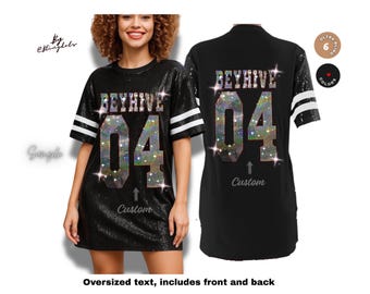 Custom Bling Sequin Dress Long Shirt Tunic sparkly Personalized glitter Jersey Oversize Text Name Number, Birthday, Concert, Festival Outfit