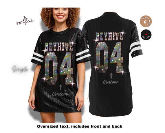 Custom Bling Sequin Dress Long Shirt Tunic sparkly Personalized glitter Jersey Oversize Text Name Number, Birthday, Concert, Festival Outfit