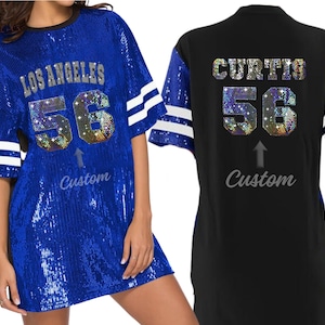 Los Angeles Sequin Tunic Bling Dress long Shirt for Women and Girls Custom Text Glamorous glitter Jersey Collegiate  Personalized Shimmering