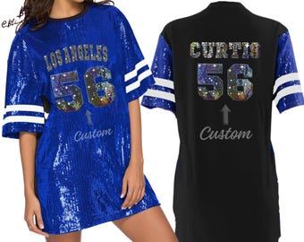 Los Angeles Sequin Tunic Bling Dress long Shirt for Women and Girls Custom Text Glamorous glitter Jersey Collegiate  Personalized Shimmering