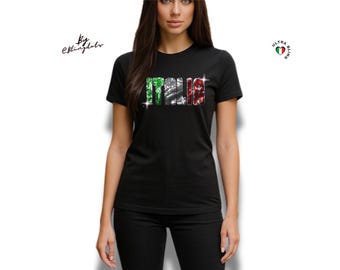 Błyszcząca koszula z Włoch, top damski, błyszcząca koszula z cekinami, błyszczący strój podróżny, ręcznie robiona koszulka z napisem Italian Pride, włoski brokat dla kibica piłki nożnej