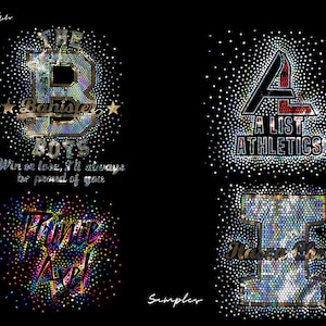 May include: Black background with four rhinestone designs. The designs include text that says "THE BANISTER BOYS", "A LIST ATHLETICS", "PRINCE AXEL", and "Make Cheer". The designs are surrounded by small rhinestones.