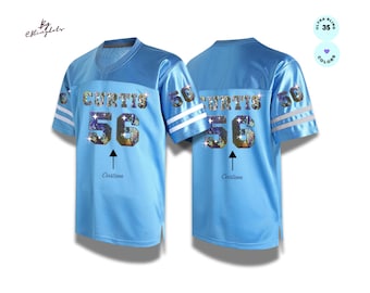 Maglia da calcio personalizzata con paillettes metallizzate, maglia da concerto personalizzata, nome e numero personalizzati, maglietta unisex con logo stampato con paillettes.