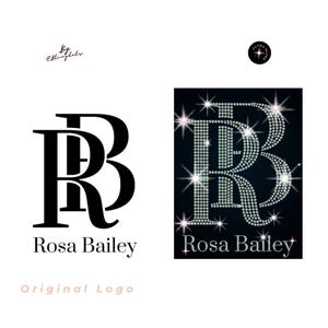 May include: A logo design featuring the letters RB in a serif font with the text Rosa Bailey below. The left version is solid black on white, while the right version is rendered in sparkling rhinestones on a black background with starburst effects.