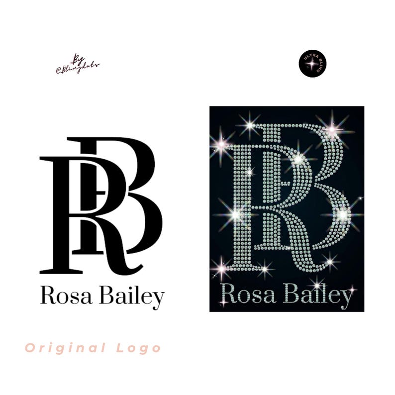 May include: A logo design featuring the letters RB in a serif font with the text Rosa Bailey below. The left version is solid black on white, while the right version is rendered in sparkling rhinestones on a black background with starburst effects.