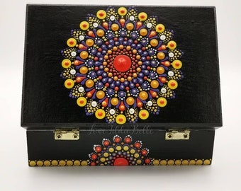 Hand Painted Dot Mandala Jewellery Box. Medium Wooden Box. Unique Gift. Black, Red, Gold. Handmade. Ring Box. Mum Friend Sister. One Off