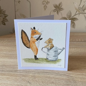 Original handgemalte Karte, Fuchs und Maus Illustration, Original Kunstwerk Karte, süße Grußkarte, Dankeskarte, handgezeichnete Geburtstagskarte