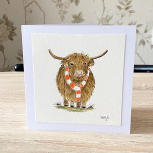 Original handgemaltes Aquarell, Highland Kuh, Wildtiere, Coo Karte, Geburtstagskarte für Jungen, Geburtstagskarte für Mädchen, leere Grußkarte 6 "x 6"