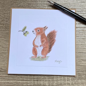 Cartão pintado à mão, ilustração fofa de esquilo vermelho, cartão com arte original, cartão fofo, cartão de agradecimento, cartão desenhado à mão, personalizado