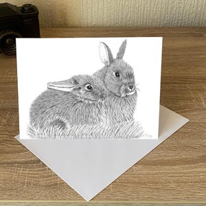 Tarjeta dibujada a mano, lindos conejitos, tarjeta de felicitación con ilustraciones originales, regalo personalizado, agradecimiento animal, tarjeta de San Valentín, tarjeta para amantes de los animales