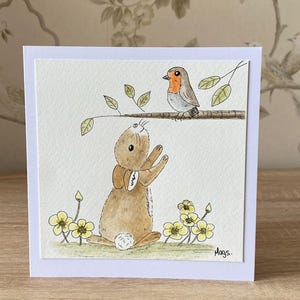Cartão original pintado à mão, ilustração de coelho e robin, cartão com arte original, cartão de mensagem fofo, cartão de agradecimento, cartão de aniversário desenhado à mão