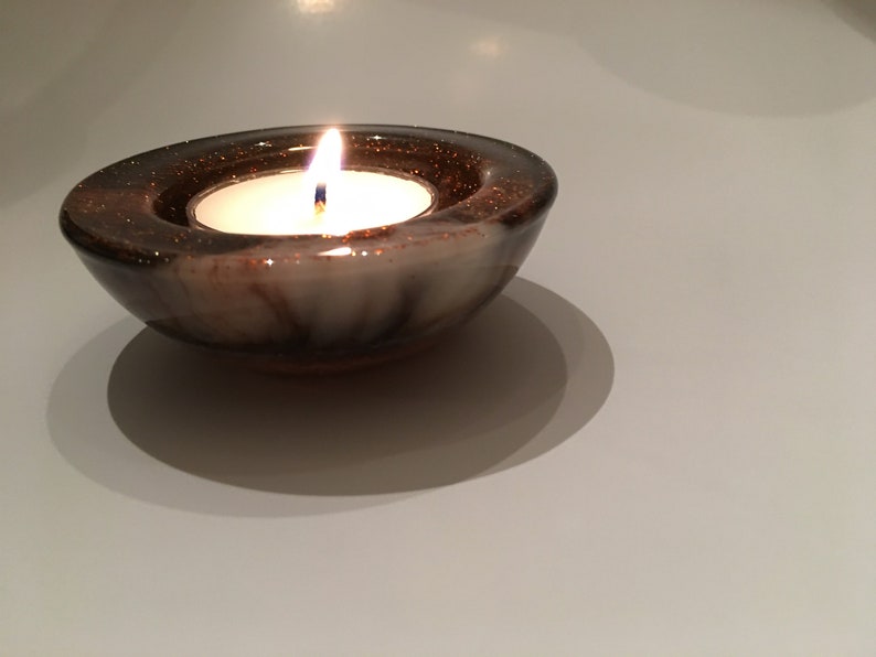 Small brown and cream ring or votive dish with burnt orange glitter and gold shimmer