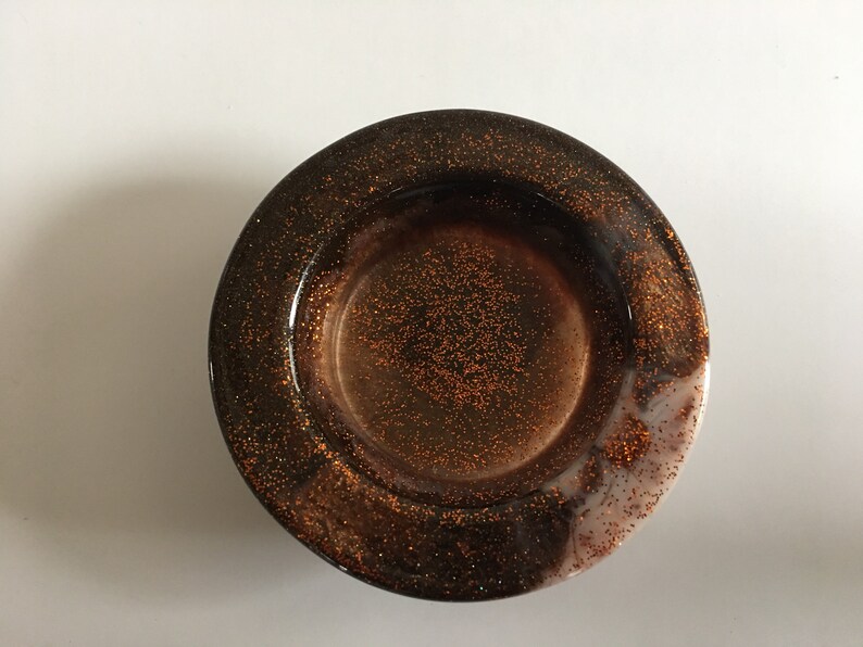 Small brown and cream ring or votive dish with burnt orange glitter and gold shimmer