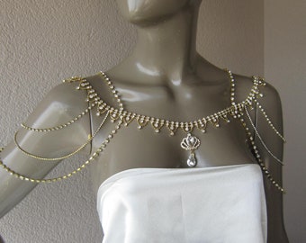 Gold Shoulder Necklace, Wedding Shoulder, Rhinestones Shoulde Jewelry, Bridal Shoulder, Necklace, Wedding Accessory
