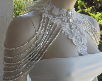 İvory Bridal Dress Shoulder Necklace, Weddding Shoulder, Lace Bead Shoulder, Wedding Shoulder Jewelry,  Bridal Straps Bolero,