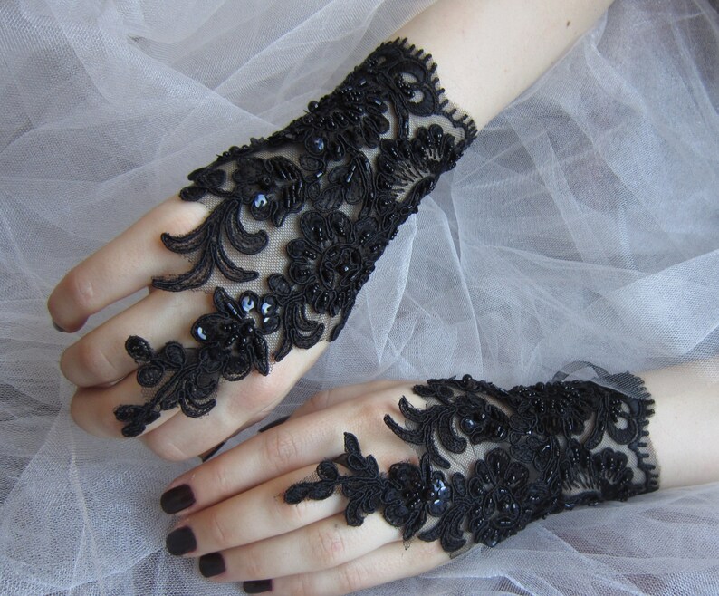 Black French Lace Bridal Gloves Gothic Glove Bridal Etsy