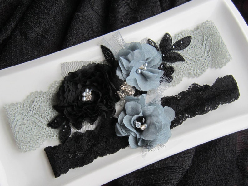 Bridal Garter Set wedding accessories Grey and Black Wedding Lace Garter Set Garter