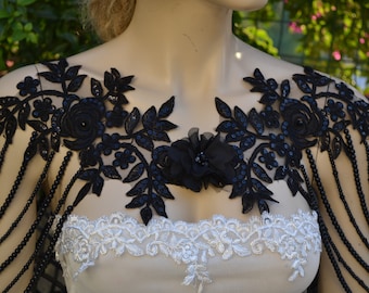 Black Lace and Pearl Shoulder Necklace, Roses Lace Shoulder Necklace,Detachable Jewelry ,Shoulder Jewelry, Body Accessory For Wedding Dress