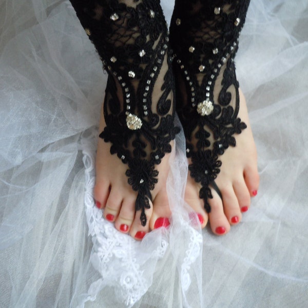 Black  lace Sandals, barefoot sandals, wedding anklet, bridal accessories, gothic Sandals,steampunk,