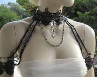 Necklaces Jewelry shoulder, black lace pearl gothic shoulder necklaces Rhinestones Shoulder, Bridal Shoulder,