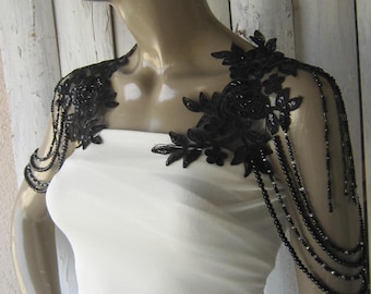Black Lace Bridal Straps: Detachable Beaded Shoulder Appliques