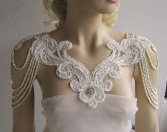 Ivory Lace Pearl Shoulder Necklace - Bridal Wedding Accessory