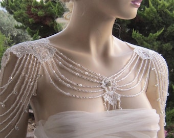 Ivory Lace Crystal Beaded Wedding Shoulder Necklace - Bridal Epaulettes