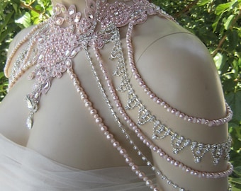 Pink lace and Pearl Wedding shoulder,Bridal Shoulder Necklace, Jewelry For Bride Wedding jewelry Necklaces, Wedding dress Shoulder ,