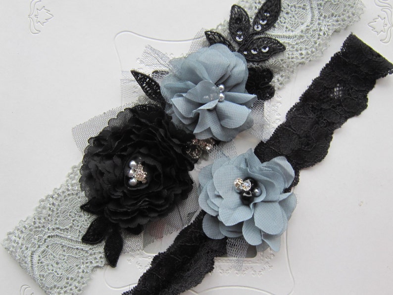 Bridal Garter Set wedding accessories Grey and Black Wedding Lace Garter Set Garter