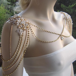 Gold Lace Rhinestone Shoulder Necklace: Bridal Dress Jewelry