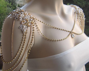 Gold Lace Rhinestone Shoulder Necklace: Bridal Dress Jewelry