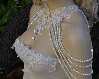 Vestido de novia Collar de hombro, Perla de marfil y encaje Vestido de novia Hombro, Joyería de hombro de encaje hecho a mano, Joyería de encaje desmontable /