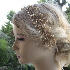 Wedding Gold Rhinestones and Pearl Headpiece/ Gold Pearl Wedding Headband, Bridal Hairband, Bride Headpiece,Bridal Accessoriec.
